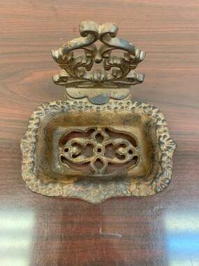 Vintage Ornate Cast Iron Soap Dish with Floral Detail and Drain